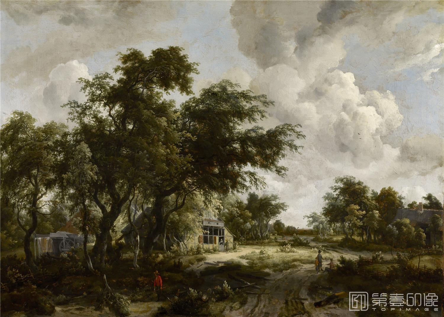 油画-美国弗里克美术馆藏画-Meyndert Hobbema - Village with Water Mill among Trees, c.1665-158